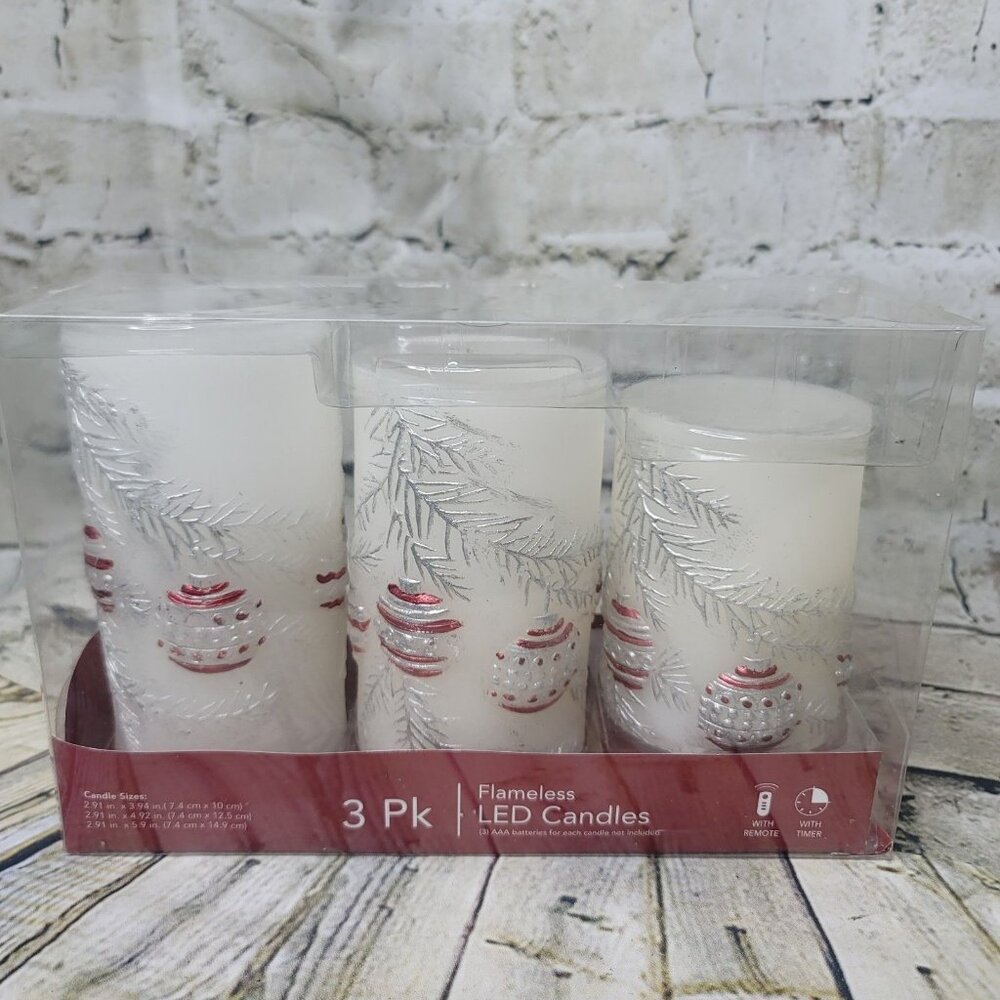 3pk Flameless LED Candles White w Red And Silver Christmas Balls